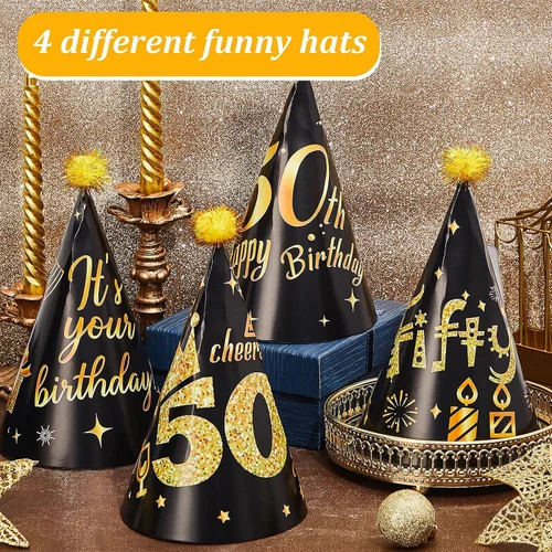 Vista 4 de 26 piezas de decoración de fiesta de cumpleaños número 50, kits de gafas y sombreros, gafas y sombreros de papel temáticos negros y dorados