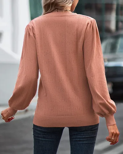 Vista 5 de Suéter de manga larga abombada para mujer, suave cuello en V, cuello cuadrado, suéter de punto vintage, suéteres de otoño para mujer