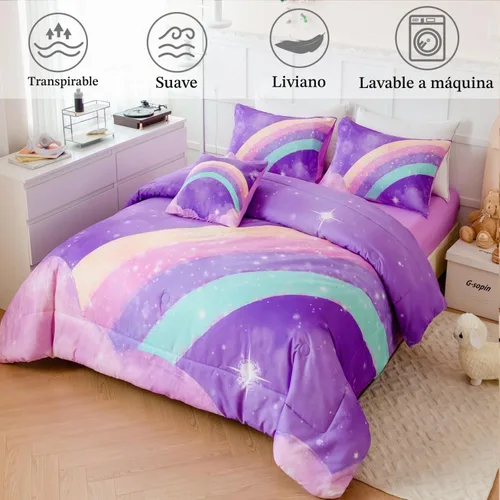 Vista 2 de ANGIYUIN - Juego de edredón infantil de gradiente arcoíris púrpura profundo, 6 piezas, ropa de cama con purpurina brillante para niñas, juego