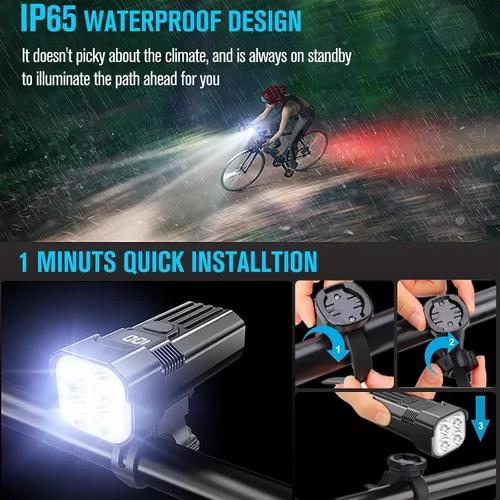 Vista 5 de Juego de luces LED para bicicleta de 2025, 2000 lúmenes, luces de bicicleta recargables delanteras y traseras, tiempo de ejecución de más de 36