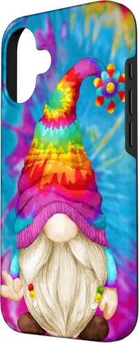 Vista 2 de Funda de gnomo de signo de paz para mujer, diseño de gnomo hippie de teñido anudado para iPhone 16