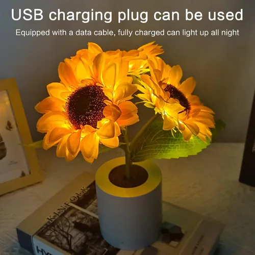 Vista 7 de Lámpara de girasol, girasol artificial en maceta con luces LED, luz nocturna LED USB, lámpara de mesa, mesita de noche, dormitorio, luz decorativa