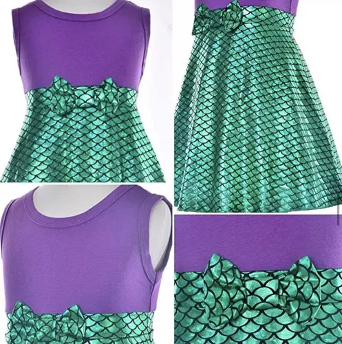 Vista 6 de Bows Bows Bows - Disfraz de princesa con cola de sirena Ariel, vestido casual, color verde y morado con diadema