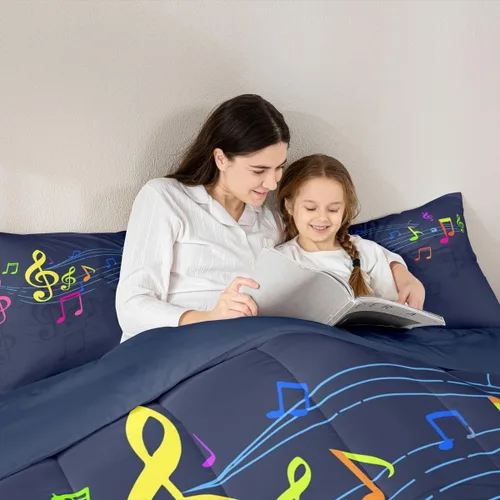Vista 6 de Feelyou Juego de ropa de cama con diseño de arco iris, juego de edredón para niños, niñas, decoración de notas musicales, edredón de microfibra