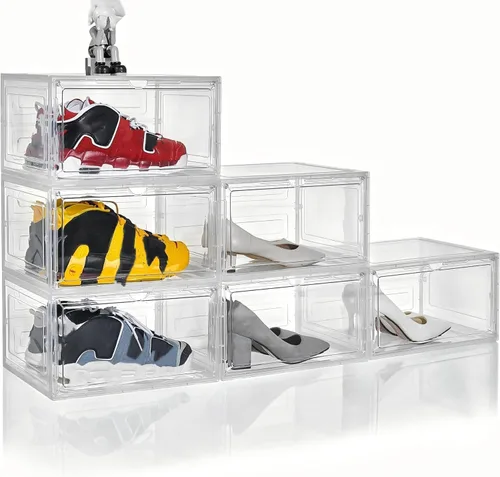 Vista 11 de Attelite Organizador grande y transparente para zapatos, caja de almacenamiento apilable de plástico con puerta magnética, contenedores grandes
