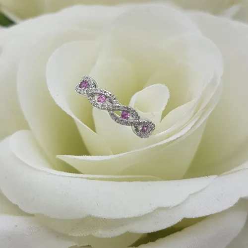 Vista 6 de Anillo de boda apilable de oro de 10 quilates con zafiro rosa y diamante blanco para mujer, zafiro rosa, Zafiro