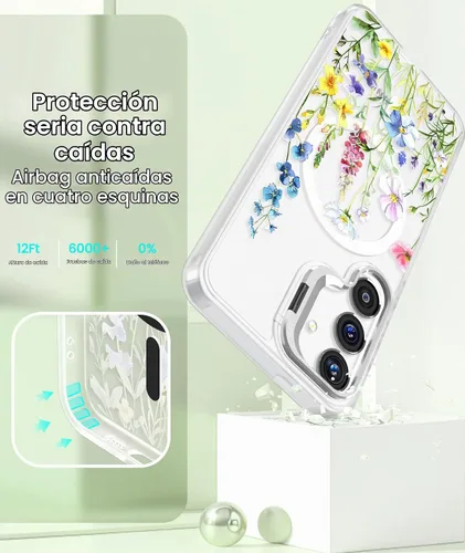 Vista 7 de Dretal Funda magnética para Samsung Galaxy S24 Plus/S25 Plus floral, soporte de lente integrado, protector de pantalla, funda magnética translúcida