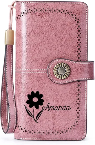 Vista 27 de Cartera de pulsera personalizada, carteras con nombre grabado personalizado con bloqueo RFID, gran capacidad, cartera de mano para tarjetas de Cuero