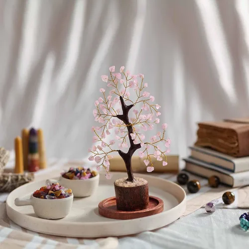 Vista 4 de NARIBABU Árbol de cuarzo rosa, cristales y piedras curativas, árbol de la vida de cristal, decoración de oficina en casa rosa, regalos de cumpleaños