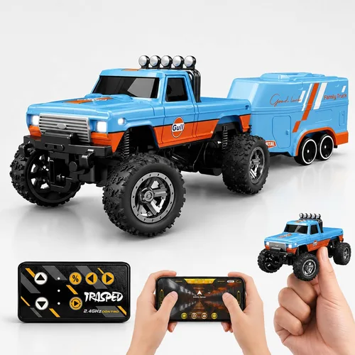 Vista 11 de Mini camión monstruo de control remoto a escala 1:64 con remolque 2.4 GHz y control dual de aplicación, mini auto RC de aleación con luces LED Azul