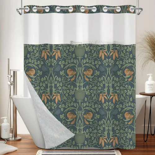 Vista 28 de No Hook Geometric Shower Curtain with Snap in Liner - 71″W x 74″L Waterproof Fabric with Mesh Top Window, Modern Abstract Triangle Design Bath