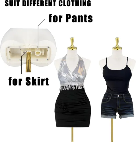 Vista 5 de Torso de maniquí femenino, 53-73 pulgadas de altura ajustable, maniquí para mujer con soporte de metal dorado, para coser y exhibir color beige
