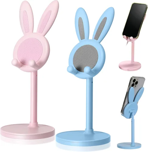 Vista 10 de Kathfly Paquete de 2 bonitos soportes para teléfono, soporte ajustable para teléfono de conejito para escritorio, soporte Kawaii, accesorios