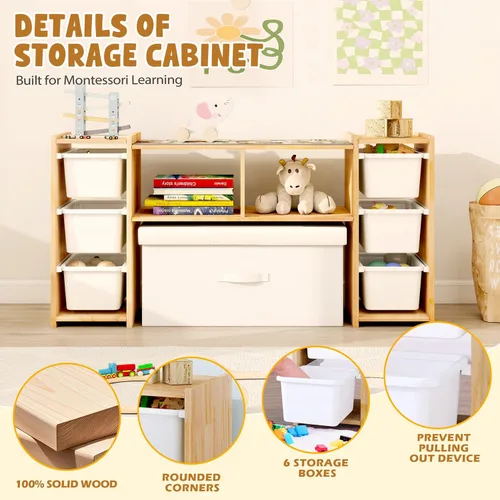 Vista 7 de MallBest Estantería Montessori para Niños - 100% Madera de Pino Maciza con 6 Cajones Plásticos Extraíbles, Organizador de Almacenamiento de Juguetes