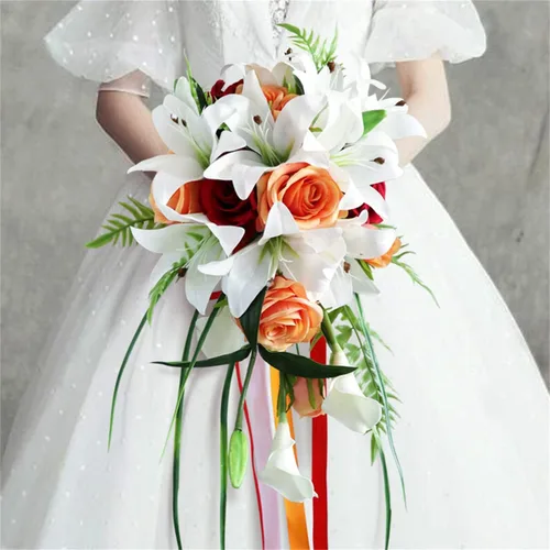 Vista 14 de Ramos de boda para novia, ramo en cascada para novia, boda, flores artificiales, ramo romántico rústico de boda (ramo naranja champán)