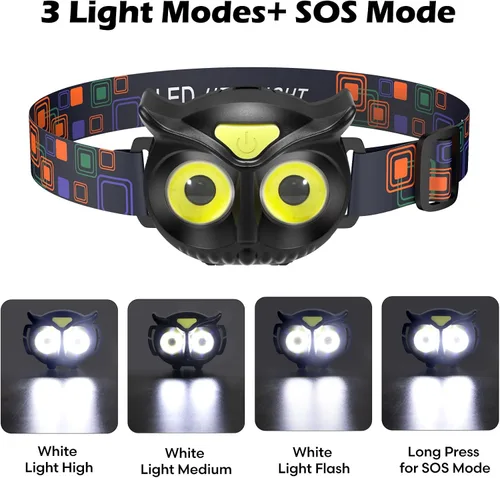 Vista 3 de Linterna frontal para niños, lámpara LED con 4 modos, IPX5 impermeable para la frente, linterna de cabeza para adultos y niños al aire libre