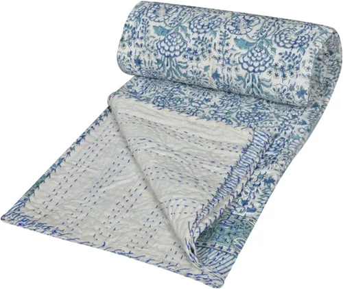 Vista 4 de YUVANCRAFTS Manta de algodón con estampado de bloques de mano india Kantha, tamaño Queen (blanco, individual de 90 x 60 pulgadas)
