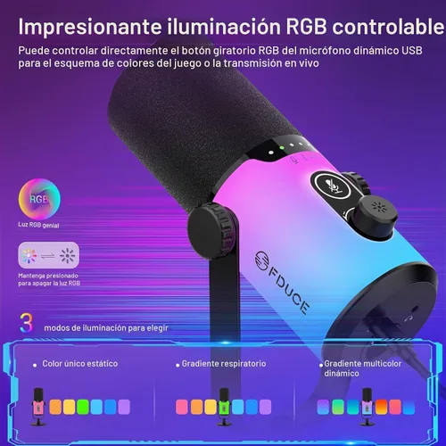 Vista 4 de FDUCE Juego de micrófono dinámico para juegos, micrófono de computadora USB/XLR para podcast con soporte de brazo extensible, luz RGB, botón