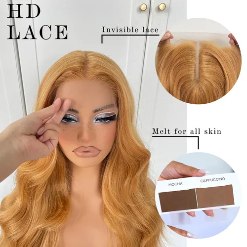 Vista 5 de #27 Peluca de encaje frontal rubia miel sin pegamento, onda corporal, pelucas de encaje frontal sintéticas prediseñadas, con línea de cabello