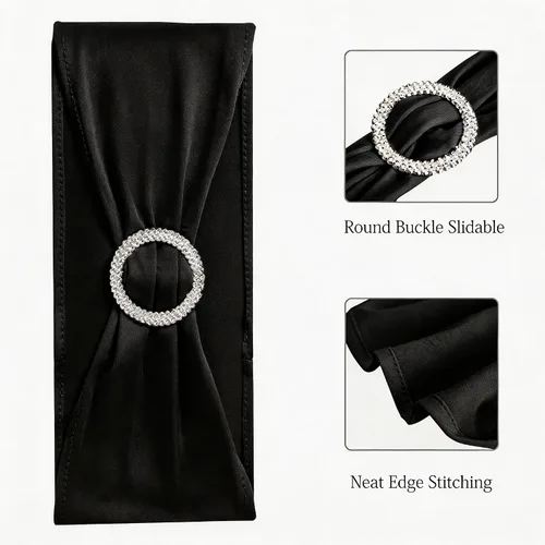 Vista 4 de Paquete de 50 bandas negras de elastano para sillas de boda, lazos con hebillas para fiestas, cumpleaños, fiestas, banquetes de jubilación