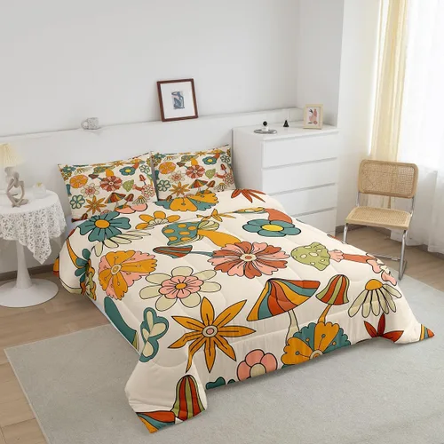 Vista 3 de Feelyou Juego de edredón retro de flores hippie para niñas y niños, tamaño individual, bonito edredón decorativo de hongos para habitación, 60S