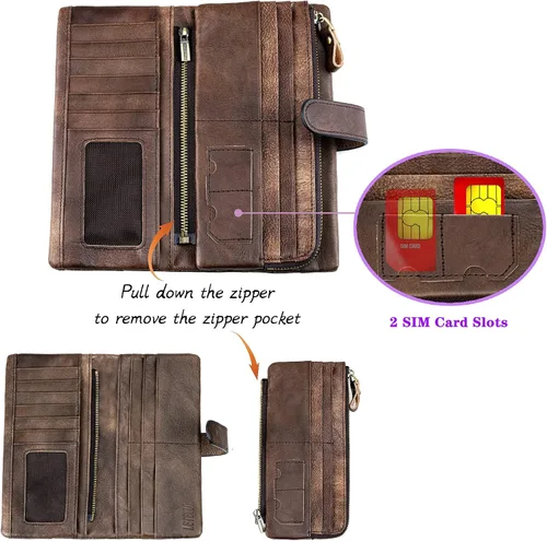 Vista 4 de LETEULO Cartera con cierre de bloqueo RFID para mujer, organizador vintage de carteras para frotar a mano