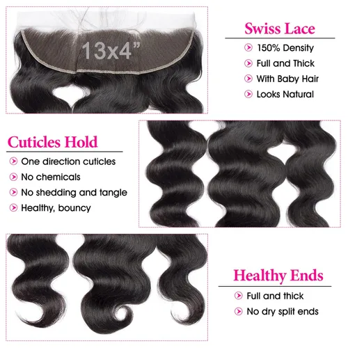 Vista 3 de Lemoda - Extensiones de cabello con cuerpo ondulado frontal 13x4, de encaje transparente HD, cierre frontal de encaje de cabello humano brasileño
