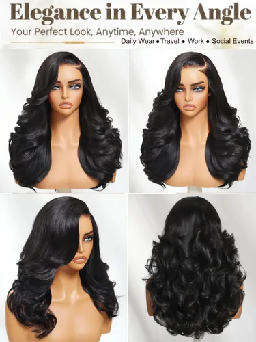 Vista 4 de UNICE Bye Bye Slip Peluca de Capas Emplumadas con Raya Lateral de Cabello Humano Sin Pegamento con Tiras de Silicona Seguras y Cordón Densidad 200%