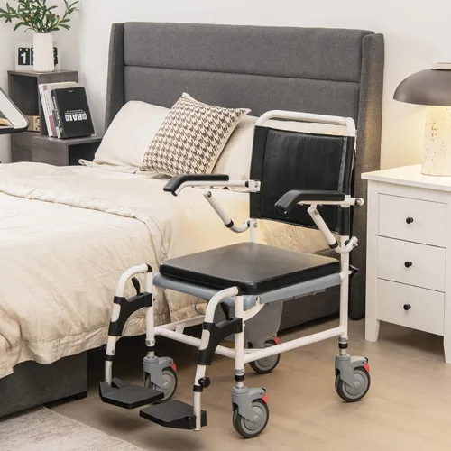 Vista 2 de Giantex Silla de ruedas 4 en 1 para inodoro con brazos, 4 ruedas bloqueables, cubo desmontable, altura ajustable y reposapiés abatible, silla