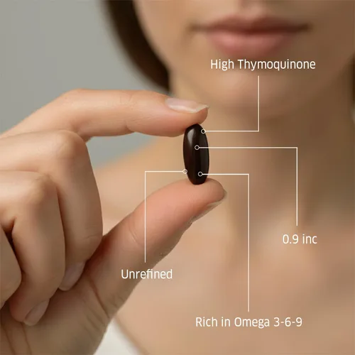 Vista 6 de ORZAX Cápsulas orgánicas prensadas en frío de 1000 mg de aceite de semilla negra con 20 mg de timoquinona para apoyo inmunológico, buen cabello