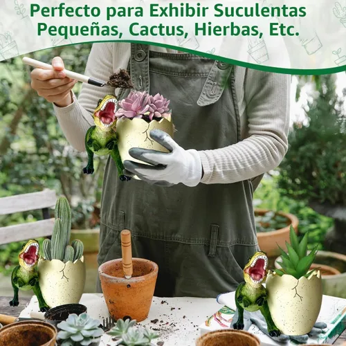 Vista 5 de FlidRunest Macetas suculentas de dinosaurio, maceta de resina creativa para suculentas con orificio de drenaje, accesorios de escritorio