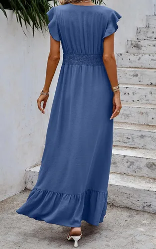 Vista 3 de ECOWISH Vestido largo para mujer, manga casquillo, estilo bohemio, cuello en V, vestidos largos