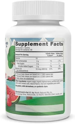 Vista 2 de Nordic Naturals Gomitas de Vitamina D3 para Niños, Explosión de Sandía Silvestre - 60 Gomitas - 400 UI Vitamina D3 - Salud Ósea, Inmunidad Saludable