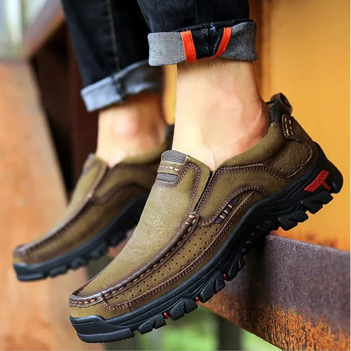 Vista 6 de Zapatos informales sin cordones para hombre, mocasines de piel cómodos para caminar.