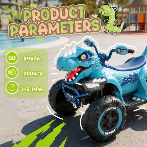 Vista 5 de ATV de dinosaurio de 24 V, motor de potencia de 200 W x 2, ruedas grandes, juguete de 2 plazas con control parental, suspensión de 4 ruedas, luces