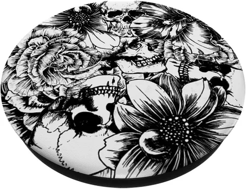 Vista 2 de PopSockets de calaveras florales en blanco y negro intercambiable PopGrip