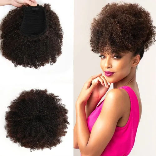 Vista 13 de Extensión de cola de caballo afro rizada encrespada con cordón para mujeres, cola de caballo afro con cordón, rizos encrespados sintéticos, piezas