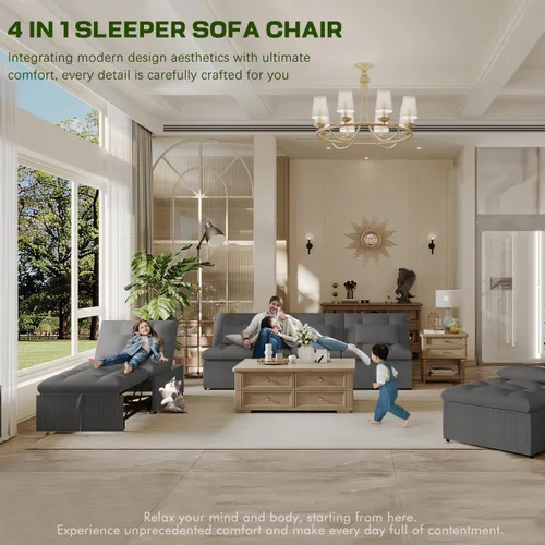Vista 3 de Silla Cama Convertible 4 en 1 con Respaldo Ajustable, Almohadas, Sofá Cama Futón con Bolsillo Lateral, Silla Sofá Cama Desplegable, Sofás