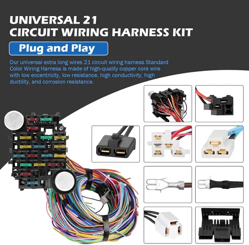 Vista 3 de Kit de arnés de cableado universal – 21 mazos de cableado de circuitos de color estándar kit de reemplazo para Chevy Mopar Hotrods Ratrods Ford
