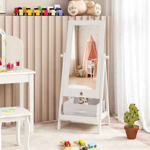 Vista 8 de Costzon Espejo de longitud completa para niños, espejo de pie de princesa con estante de almacenamiento y cesta, espejo rectangular giratorio de 360