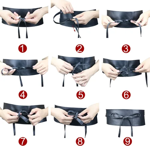 Vista 6 de macoking Cinturón ancho de piel sintética para mujer, cintura con cordones y lazo Obi