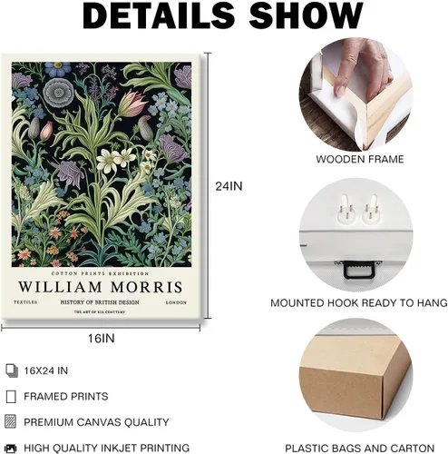 Vista 7 de 3 piezas de lienzo estilo William Morris, arte de pared vintage botánico floral y pájaro, impresiones en lienzo estirado envuelto en galería