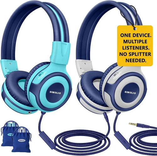 Vista 14 de SIMOLIO Auriculares para niños con 75 dB, 85 dB, 94 dB de volumen limitado y compartido, auriculares para niñas con micrófono, auriculares duraderos