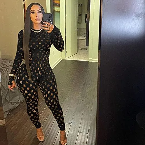 Vista 3 de MENCCINO Conjuntos Sexys de Club para Mujeres Monos de Una Pieza Bodysuits de Manga Larga Bodycon Leggings Conjuntos de Pantalones
