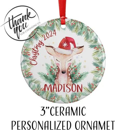 Vista 3 de Adorno de Navidad personalizado para niños con nombre y fecha, 6 diseños, metal personalizado de 3 pulgadas, aluminio, adorno de Navidad redondo