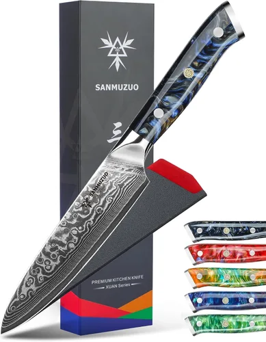 Vista 7 de Cuchillo utilitario de cocina de 5 pulgadas, cuchillos de cocina de la serie Xuan, acero de damasco VG10 con mango de resina (naranja fantasía)