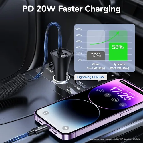 Vista 2 de [Certificado MFi de Apple] Syncwire Cargador de coche para iPhone de 32 W, cargador de teléfono súper rápido, encendedor de cigarrillos, adaptador