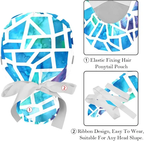 Vista 4 de 2 Pcs Adjustable Working Caps, Colored Mosaic Bouffant Scrub Hats Women Long Hair