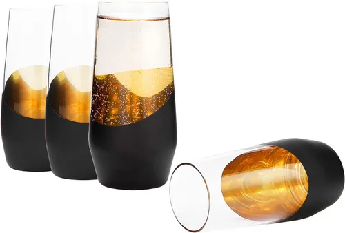 Vista 7 de MyGift Juego de 4 copas de champán negras y doradas sin tallo, vasos de fiesta de boda de 11 onzas, utensilios de bar modernos para vino espumoso
