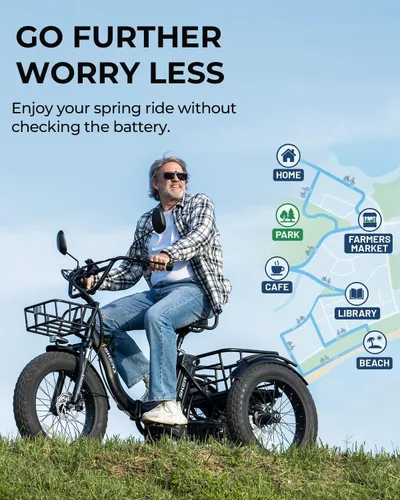 Vista 5 de Skeri Triciclo eléctrico para adultos, motor Etrike de 750 W (pico 1350 W), triciclo eléctrico plegable de 20 x 4 pulgadas, batería de 48 V13Ah